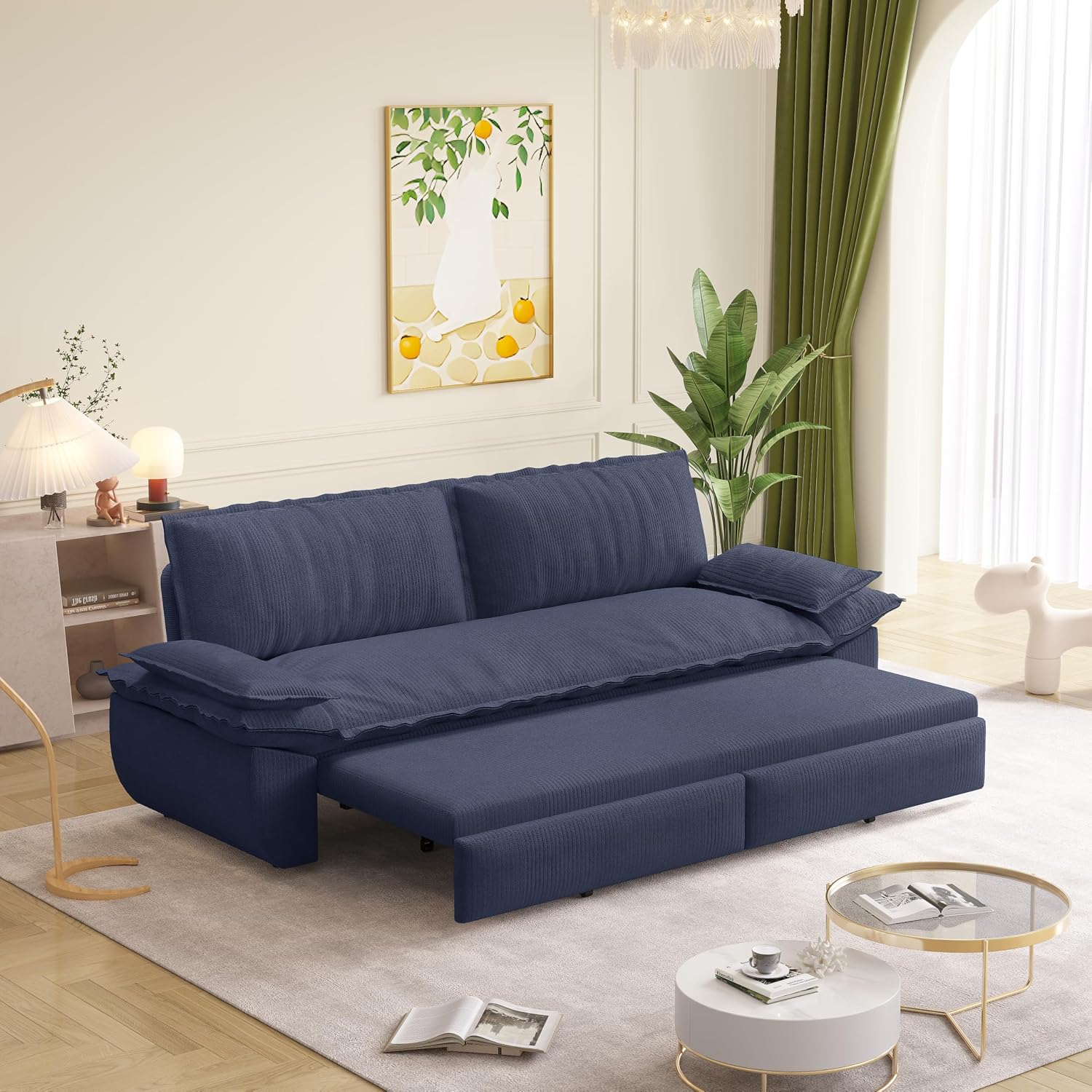 73.2' Sofa Bed Queen, 3-in-1 Pull Out Sofa Bed with Pillow Armrest, Modern Corduroy Convertible Sleeper Futon Sofa for Living Room Small Space, Apartment, Bedroom, Blue