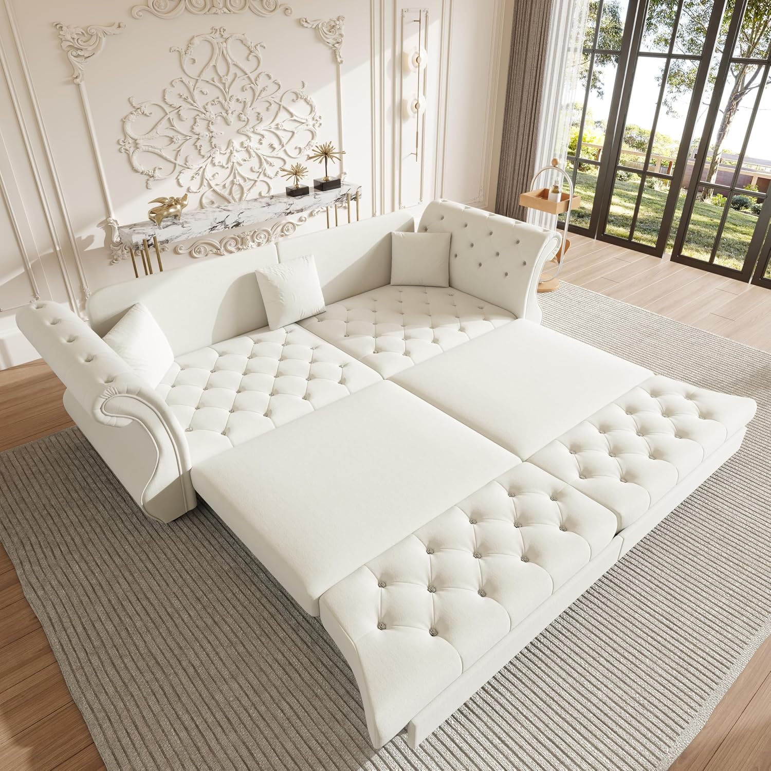 97.6'' Sleeper Sofa Bed King Size, Flower Tufted Pull Out Couch, Velvet Chesterfield Futon Couches, Modern 4 Seater Convertible Sofa, 3 Pillows for Living Room, Apartment, Offices, Beige