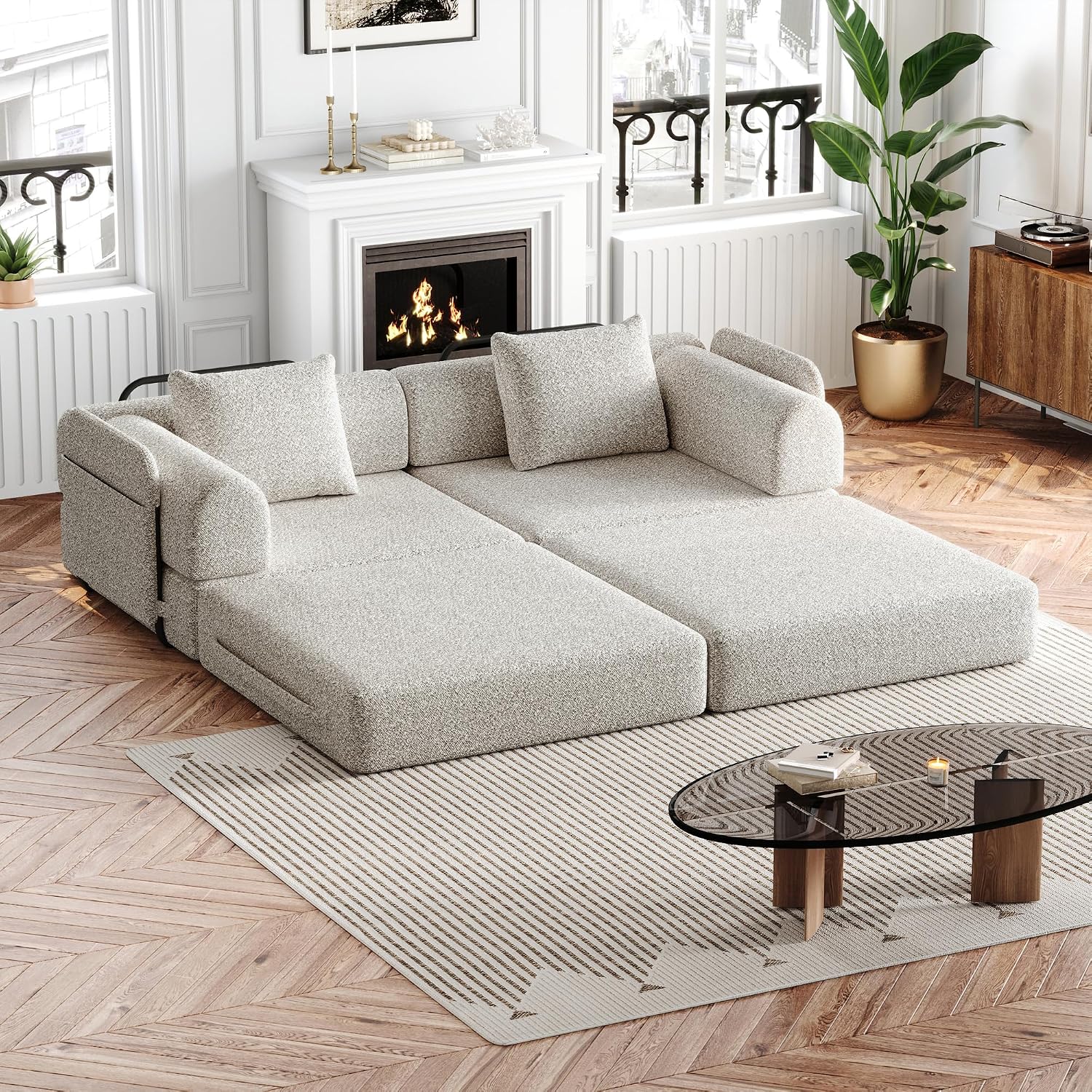 4-in-1 Convertible Folding Sofa Bed, 72' Oversized Chenille Upholstered Boneless Couch, Loveseat Sleeper Sofa Bed, Floor Sofabed Modular Futon Couch for Living Room Bedroom Lounge, Beige