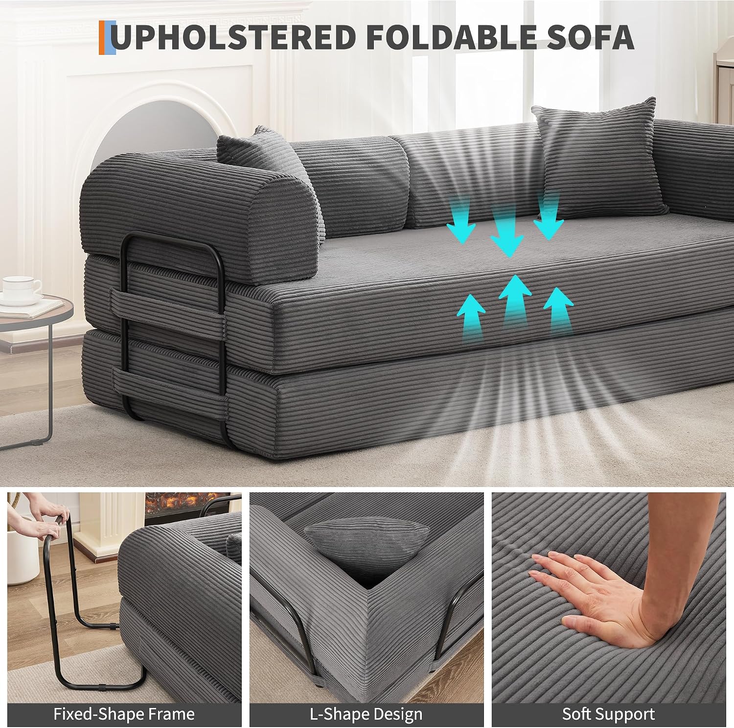 IDEALHOUSE 4 in 1 Convertible Sleeper Sofa Bed Couch, 79 Inch Boneless Corduroy Floor Couch with Pillows, No Assembly, Modern Deep Seat Sofa Futon Mattress for Living Room,Apartment,Gray