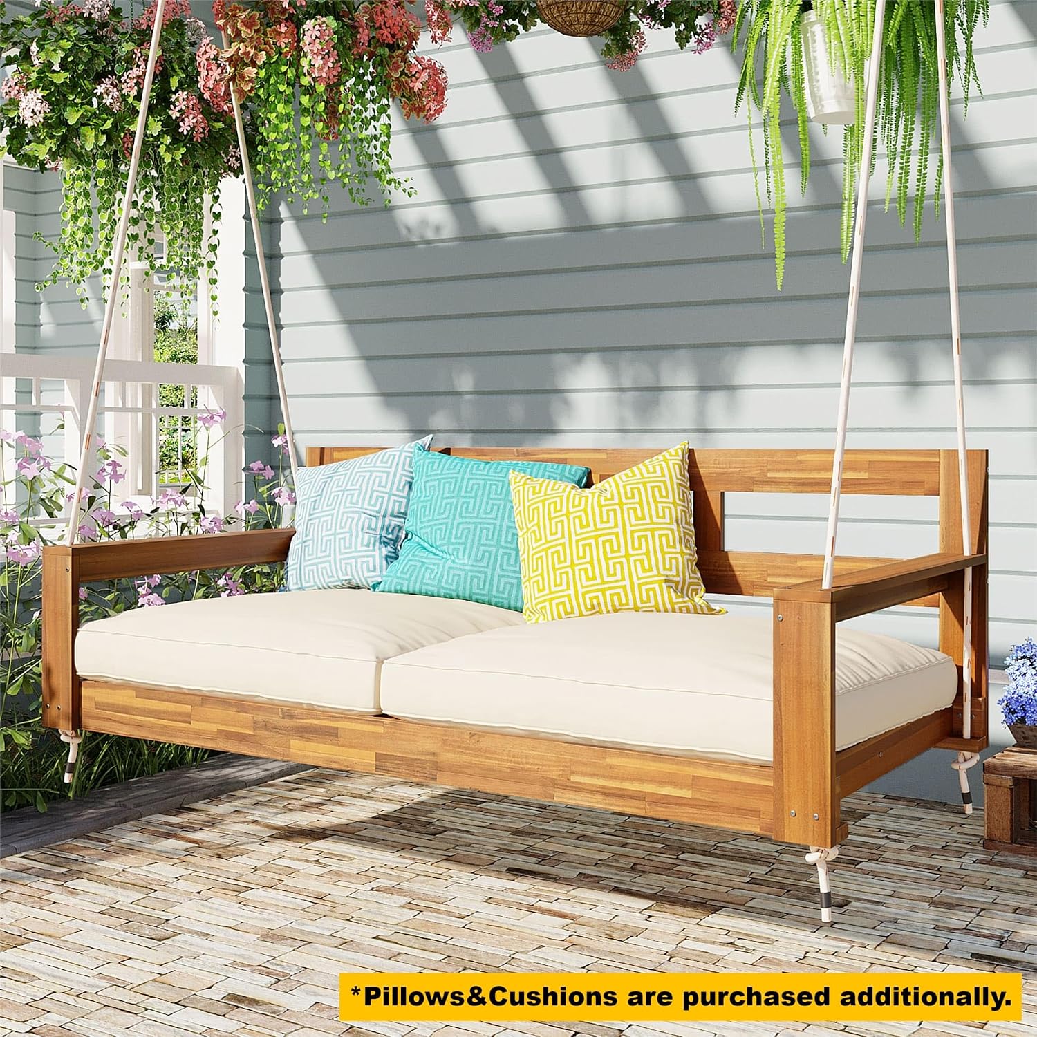 Harper & Bright Designs Patio Wooden Twin Size Porch Swing Daybed Frame, Garden Swing Bench Chair with 4 Hanging Ropes for Backyard,Outdoor,Natural