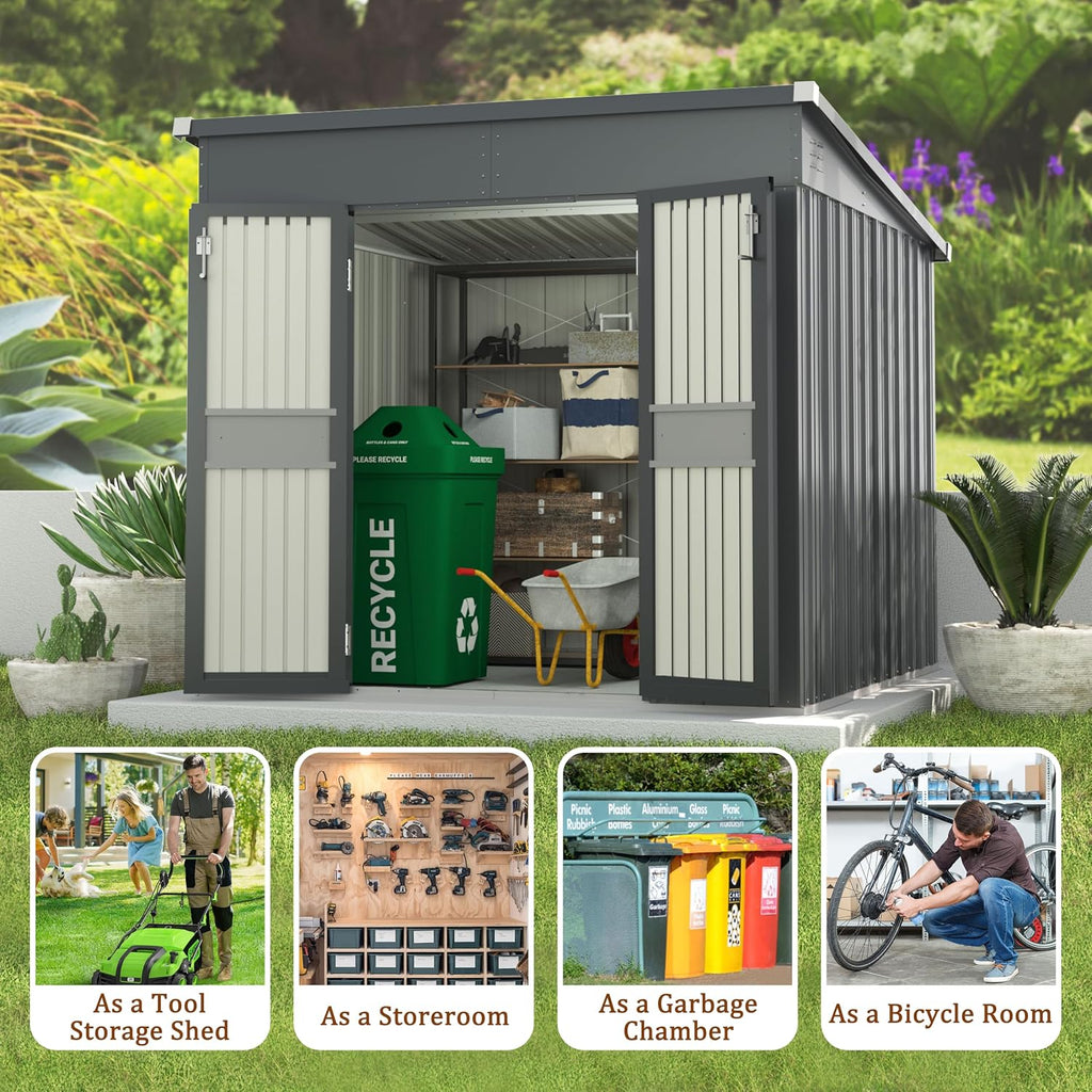 Yardenaler 7x8 FT Metal Outdoor Storage Shed, Garden Tool Shed Kit with Double Doors & Keyed Locking, Waterproof Patio Utility Tool Shed for Backyard and Garden, Gray