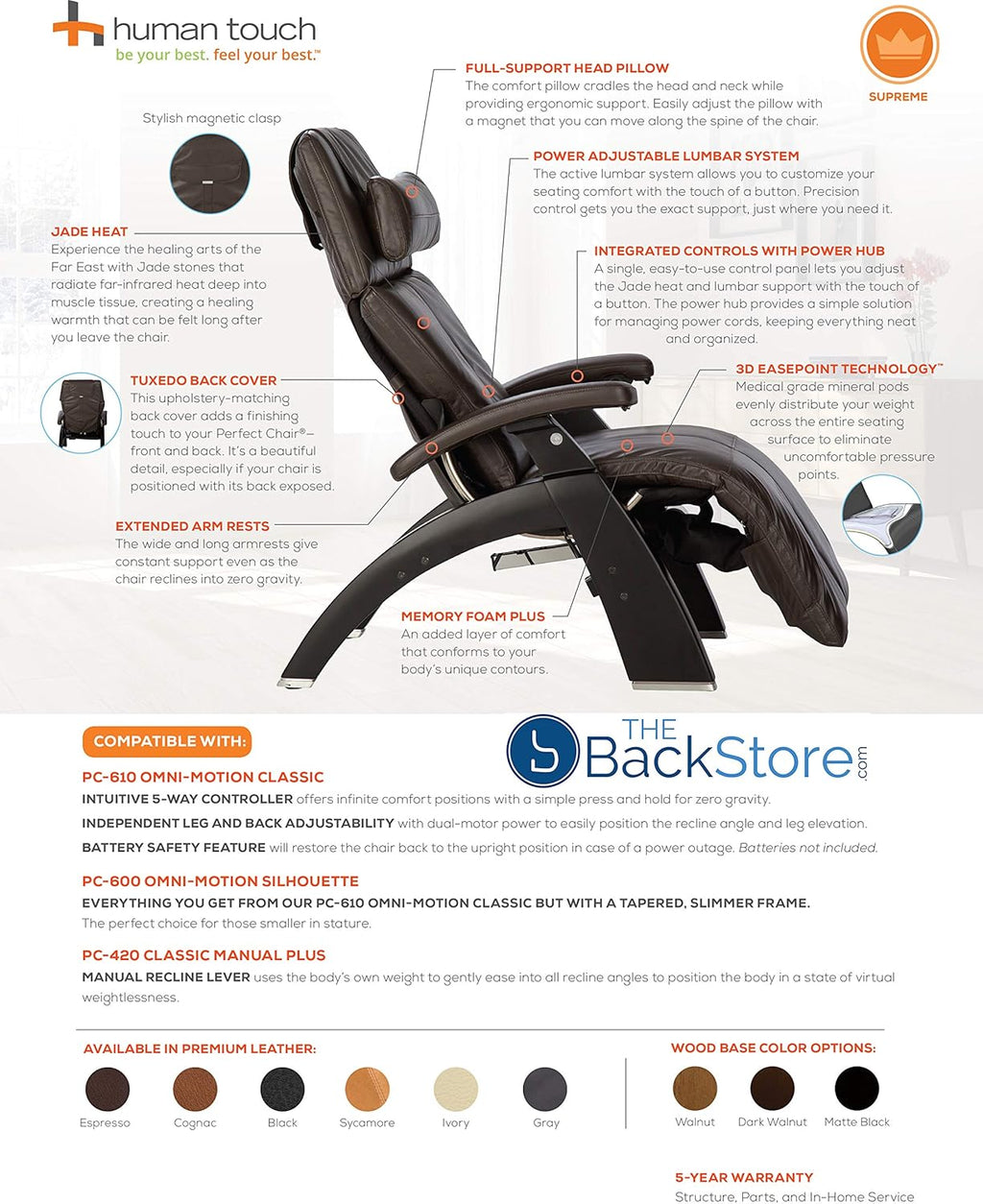 Perfect Chair Human Touch PC-610 Omni-Motion Classic Power Recline Zero Gravity Recliner Supreme Upholstery Package Matte Black Wood Stain - Oak Premium Leather