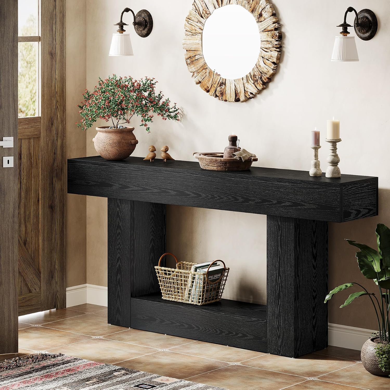 Tribesigns 63' Console Table, Farmhouse 2-Tier Entryway Table with U-Shaped Base, Narrow Long Wood Sofa Table Behind Couch Table for Living Room, Hallway, Foyer, Black