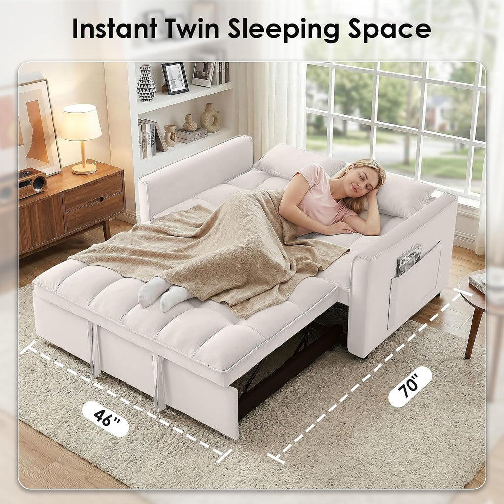 3 in 1 Convertible Sleeper Sofa Bed, 55' Pull Out Couches, Modern Loveseat Sleeper Sofa with Adjustable Reclining Backrest & Side Pockets for Living Room, Velvet Fabric, Beige