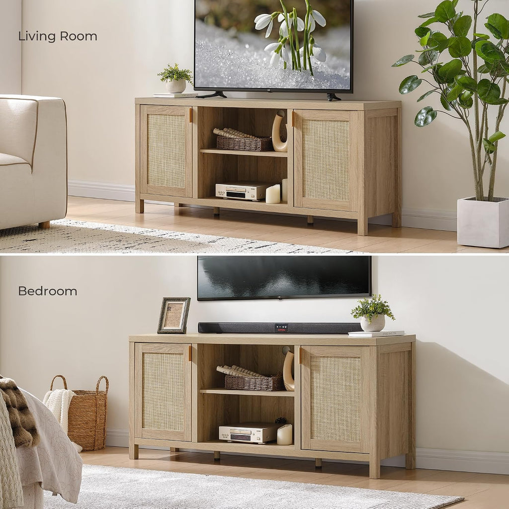 SICOTAS Rattan TV Stand for Living Room - 26' Tall TV Console Cabinet with Storage and Adjustable Shelf, Boho Entertainment Center, 59' Media Console for 50, 55, 65 Inch TV, Light Oak