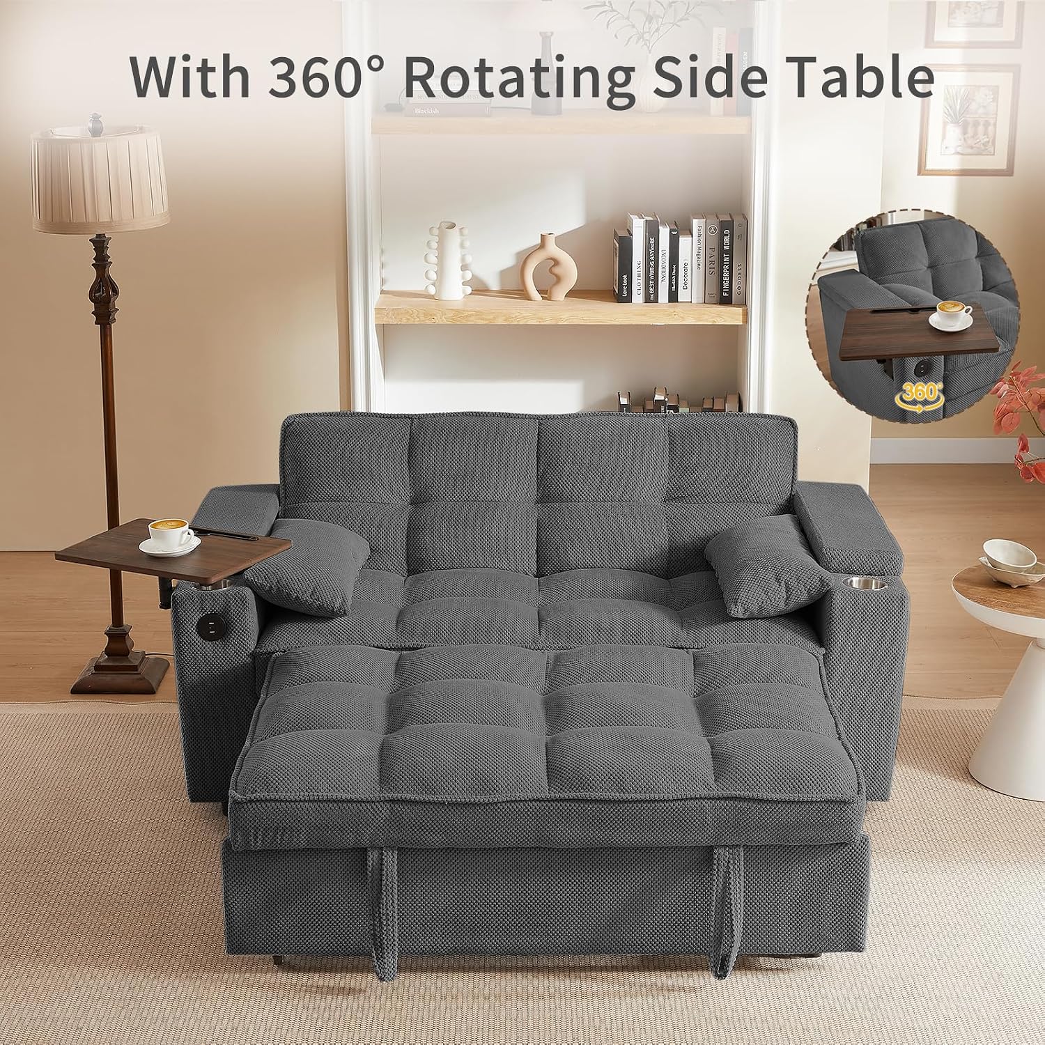 hansones 65'' 3-in-1 Folding Convertible Sofa Bed, Queen Size Pullout Sofa, Modern Chenille Fabric, 360° Swivel Side Table, Easy Assembly, Perfect for Living Room