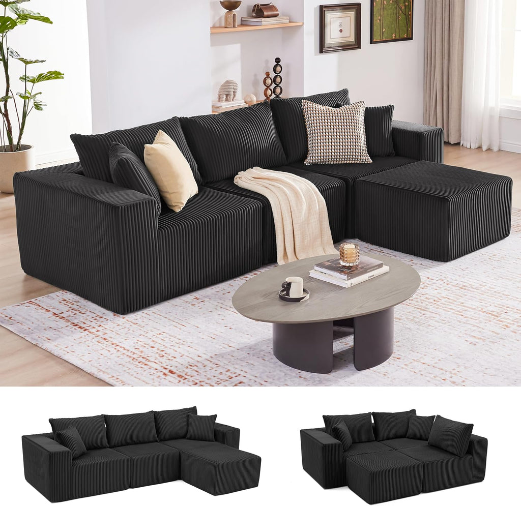Weture 107.4' Cloud Couch Sectional, Modular Sofa with Deep Seat, Plush Corduroy L Shaped Boneless Couch, Convertible Sectional Couches for Living Room, 4Seat, Black