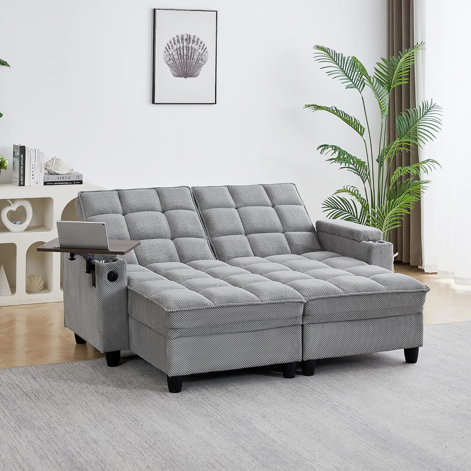 70.9' Chaise Lounge Chair Indoor, Oversized Boucle Upholstered Sofa Bed, Adjustable Backrest Deep Seat Reading Chair, Sofas Couches for Living Room with Storage, Cup Holders and 360° Swivel Side Table