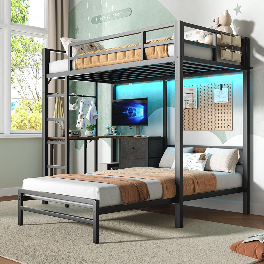 Bellemave Twin Over Twin bunk Bed with Desk and LED Charging Station, loft Bed with Desk and Shelves 3 Storage Drawers, Twin Metal Bunk Beds with Storage, Black