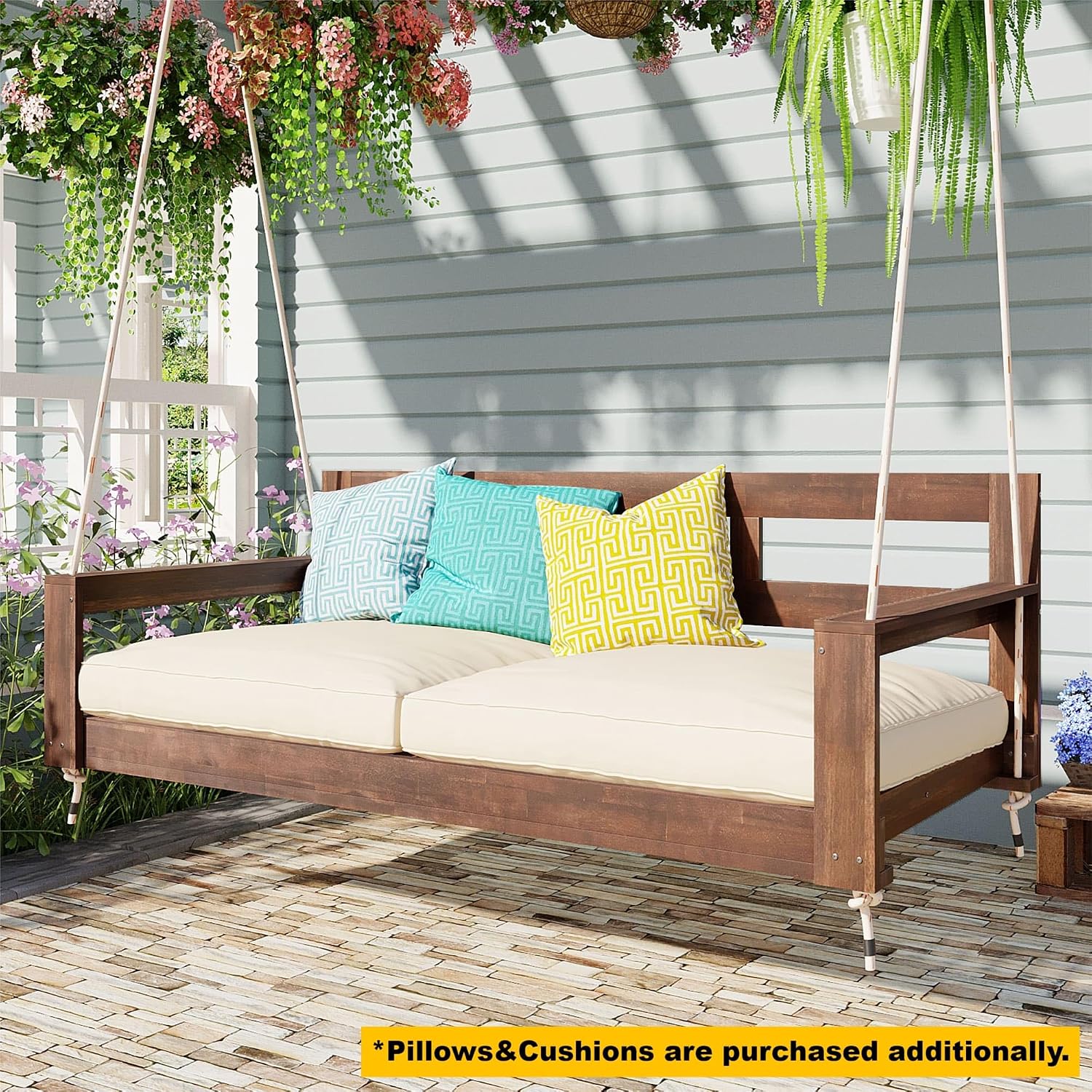 Harper & Bright Designs Patio Wooden Twin Size Porch Swing Daybed Frame, Garden Swing Bench Chair with 4 Hanging Ropes for Backyard,Outdoor,Brown