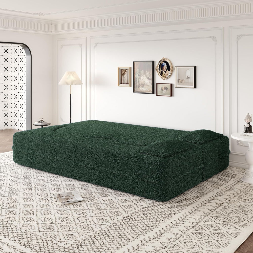 2-in-1 Folding Convertible Sofa Bed,78 Inch Convertible Boneless Couch with Pilow Foldable Matress, Teddy Loveseat Sleeper Pull Out Bed Floor Sofa Modular Futon Couch (Teddy, Green)