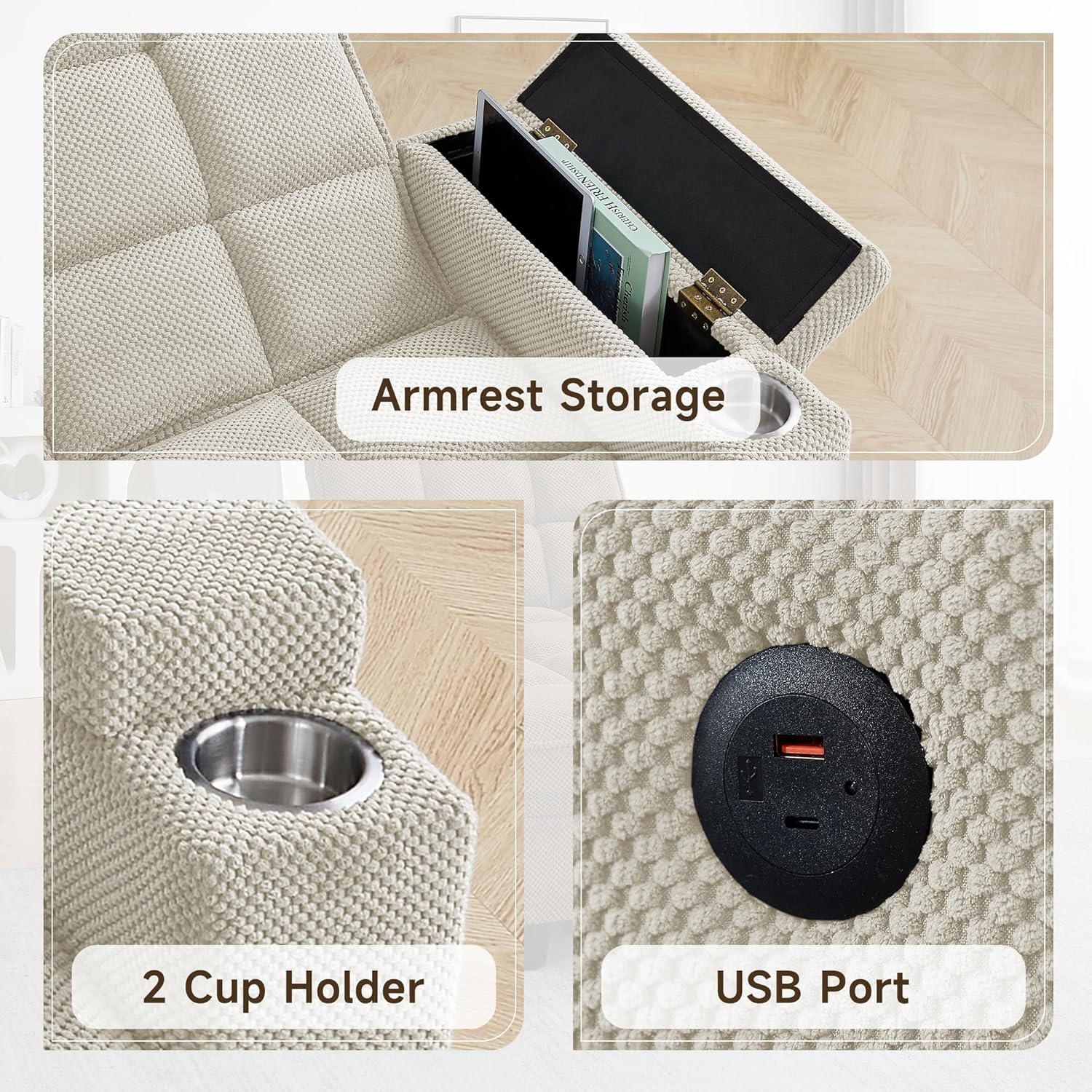 41.7' Oversized Chaise Lounge Chair Indoor, Boucle Upholstered Sofa Bed with Adjustable Backrest, Deep Seat Reading Chair, Sofas Couches for Living Room, Storage, Cup Holders & 360° Swivel Side Table