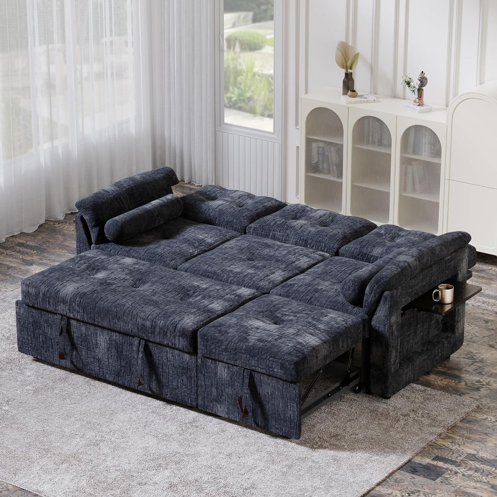 Convertible Sleeper Sofa Bed, 63 Inch Chenille Pull Out Couch with Side Table & Adjustable Backrest, Sectional Sleeper Sofa with Pull Out Bed for Living Room, Apartment, Blue