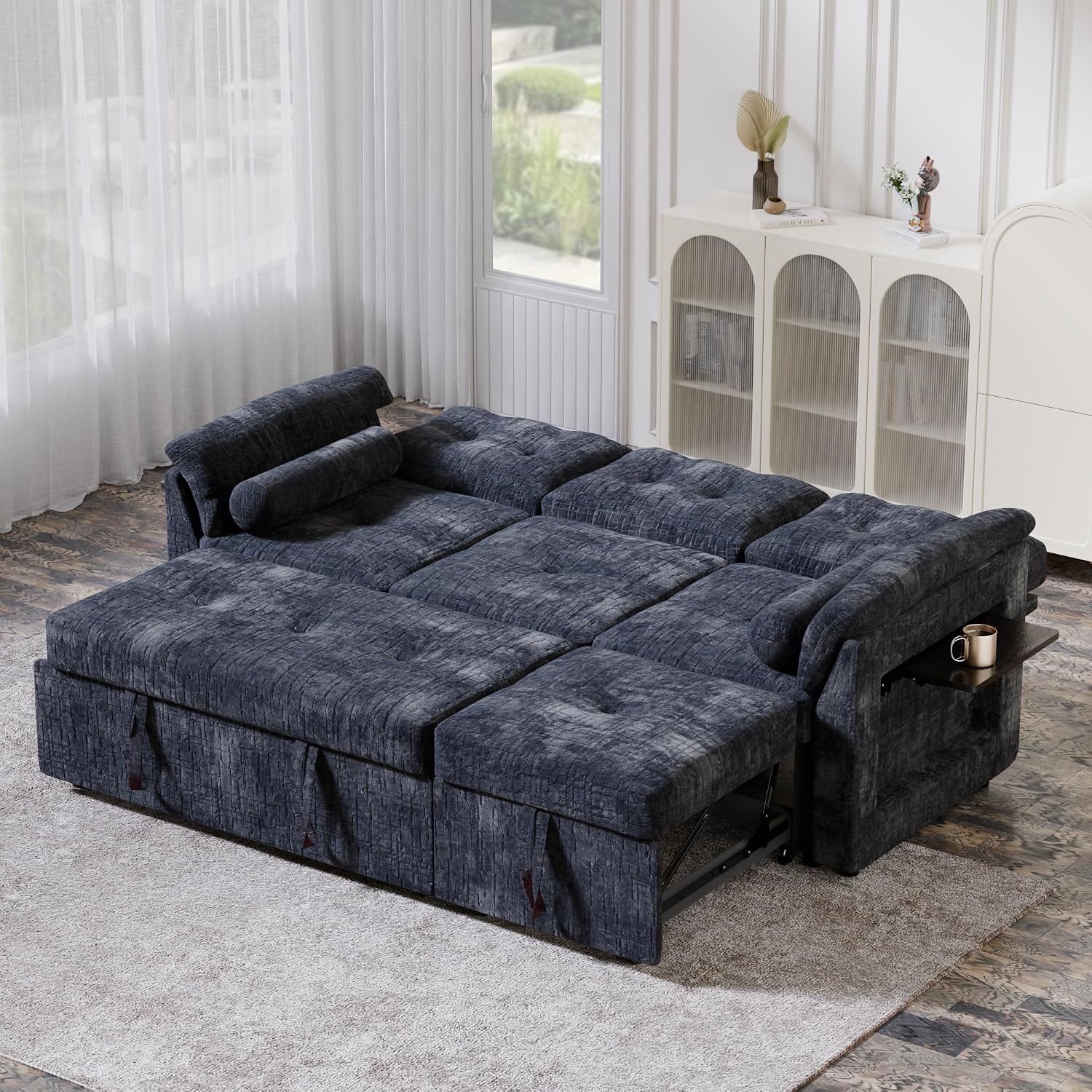 Convertible Sleeper Sofa Bed, 63 Inch Chenille Pull Out Couch with Side Table & Adjustable Backrest, Sectional Sleeper Sofa with Pull Out Bed for Living Room, Apartment, Blue