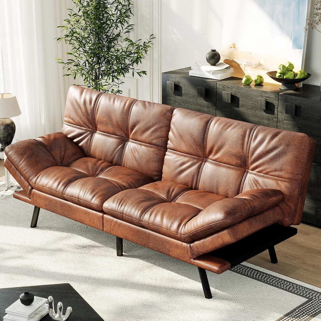 71' Convertible Futon Sofa Bed,Brown Faux Leather Futon Couch,Memory Foam Reclining Sleeper Sofa Bed,Modern Folding Small Loveseat Couches for Living Room,Office,Apartment
