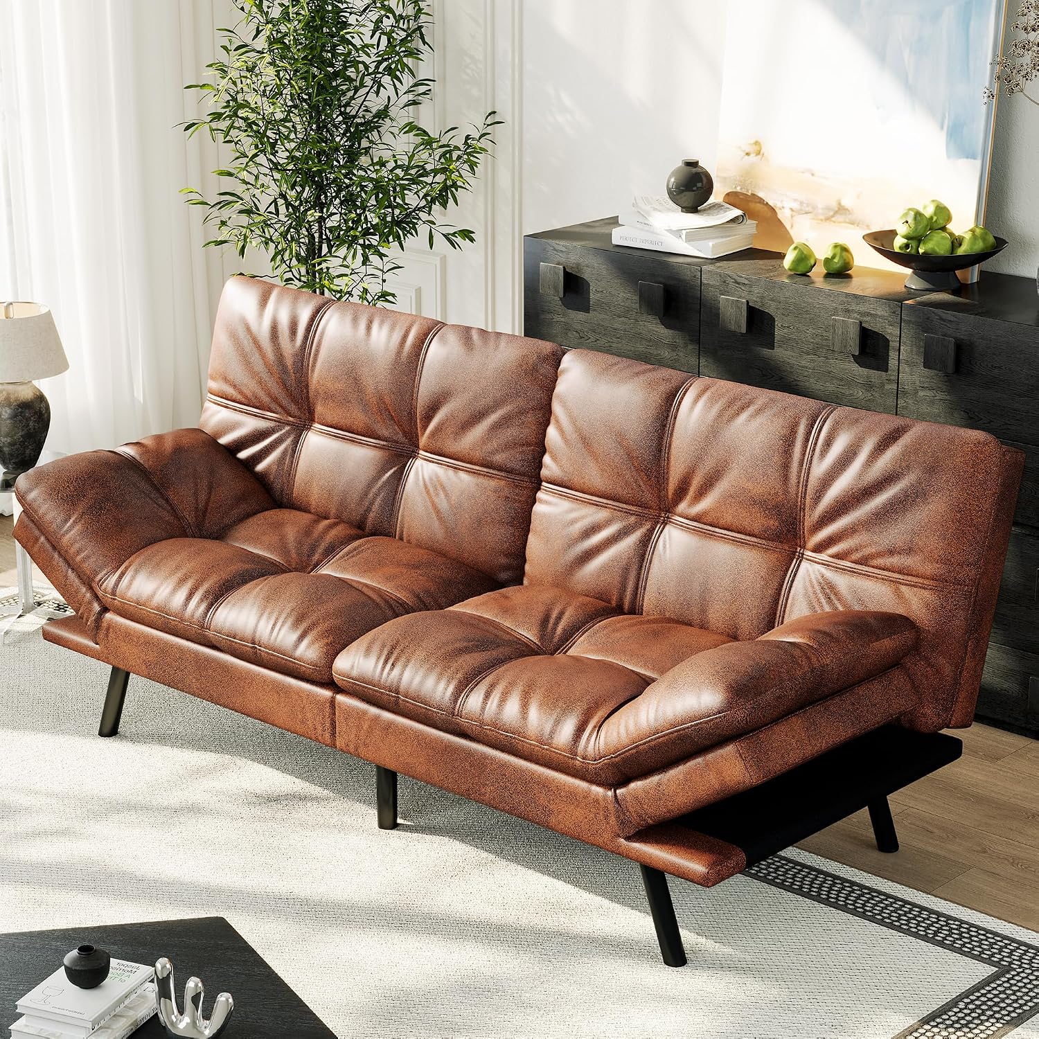 71' Convertible Futon Sofa Bed,Brown Faux Leather Futon Couch,Memory Foam Reclining Sleeper Sofa Bed,Modern Folding Small Loveseat Couches for Living Room,Office,Apartment