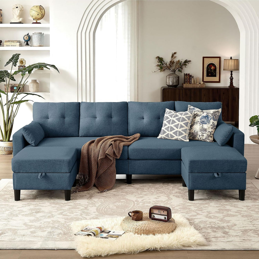 101' Convertible Sectional Sofa, Modern Linen Fabric U-Shaped Couch with 2 Storage Ottomans and Storage Pocket, 4 Seat Sofa Couches for Living Room, Apartment, Office, Blue