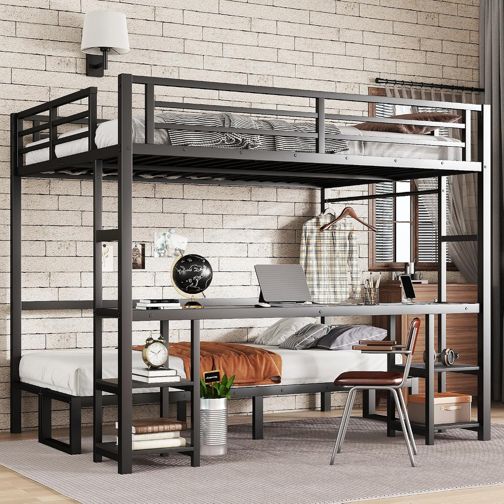 Bellemave Futon bunk Bed Twin XL Over Queen, Queen loft Bed with futon and Desk and Shelves, LED, USB, Black
