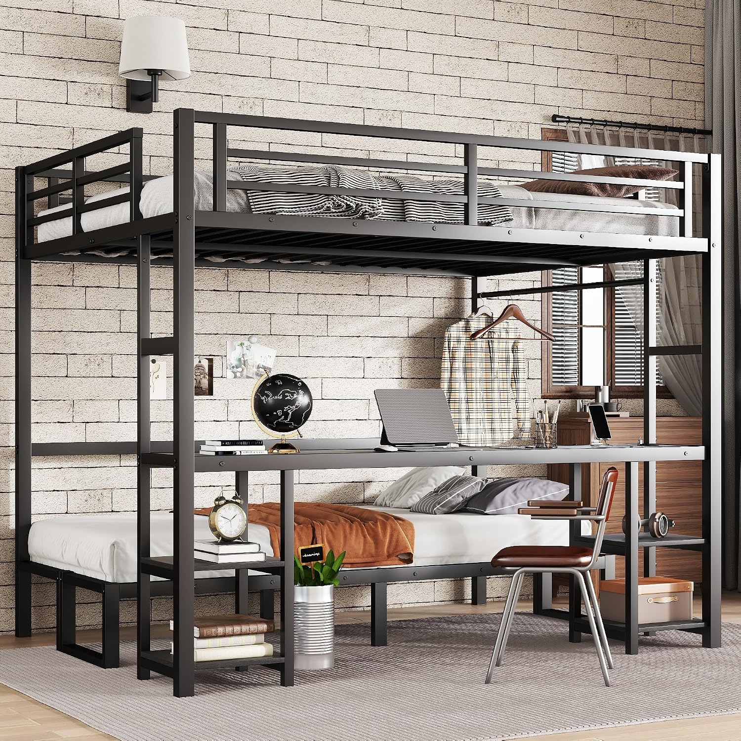 Bellemave Futon bunk Bed Twin XL Over Queen, Queen loft Bed with futon and Desk and Shelves, LED, USB, Black