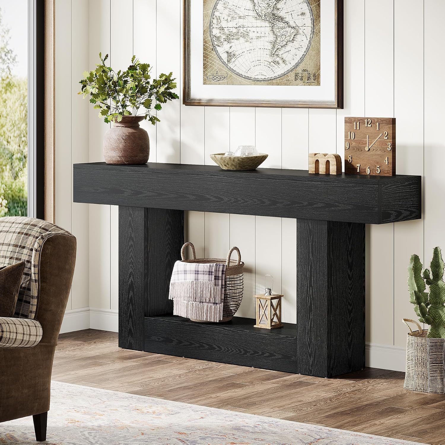 Tribesigns 63' Console Table, Farmhouse 2-Tier Entryway Table with U-Shaped Base, Narrow Long Wood Sofa Table Behind Couch Table for Living Room, Hallway, Foyer, Black