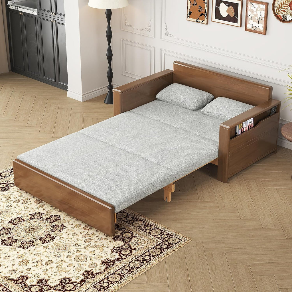 48'full double size grey cushion convertible sofa sleeper with storage,sectional sleeper sofa with reversible chaise,wood sofa bed 3 in 1 pull out couch bed for livingroom,apartment,bedroom,office