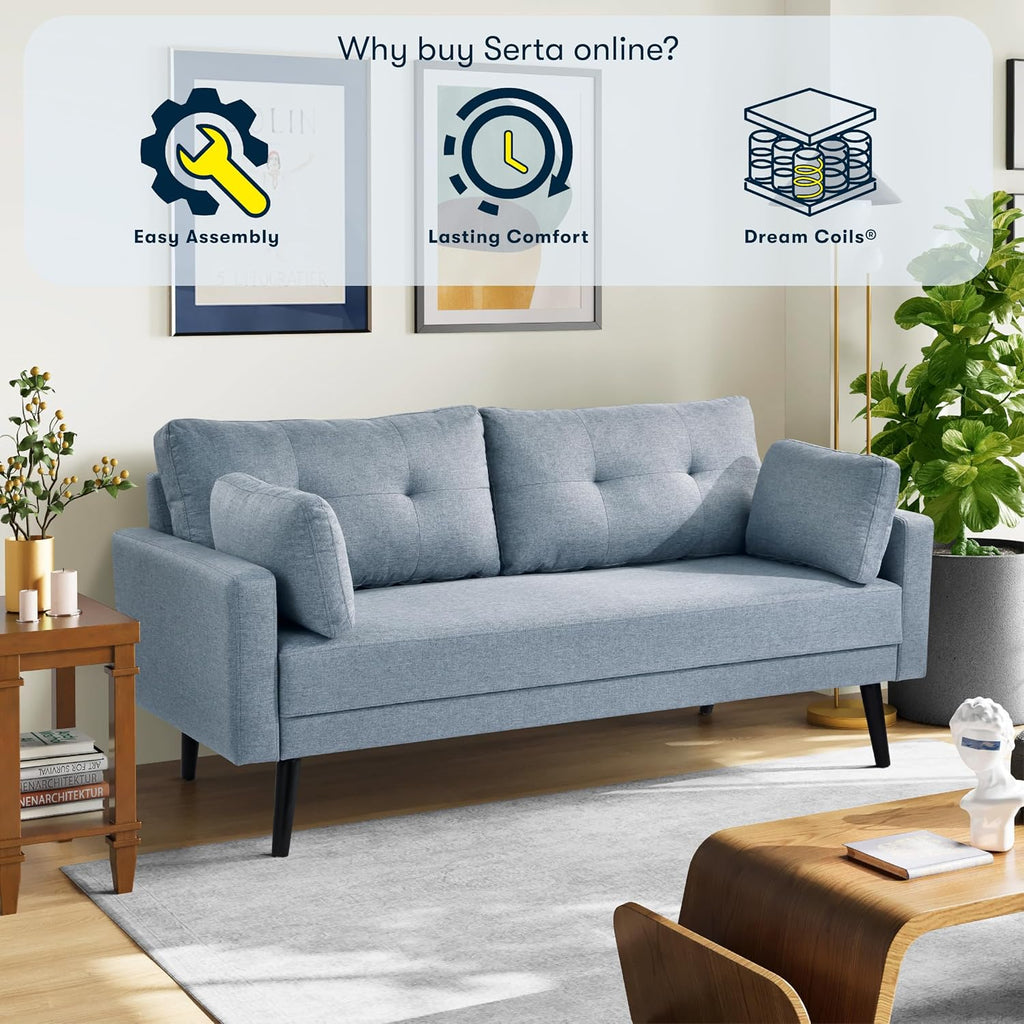 Serta Benrama 67' Soft Modern Sofa, Square Track Arms, Solid Wood Legs, Easy Assembly, Dream Coil Comfort, Soft Woven Polyester Fabric, Light Gray
