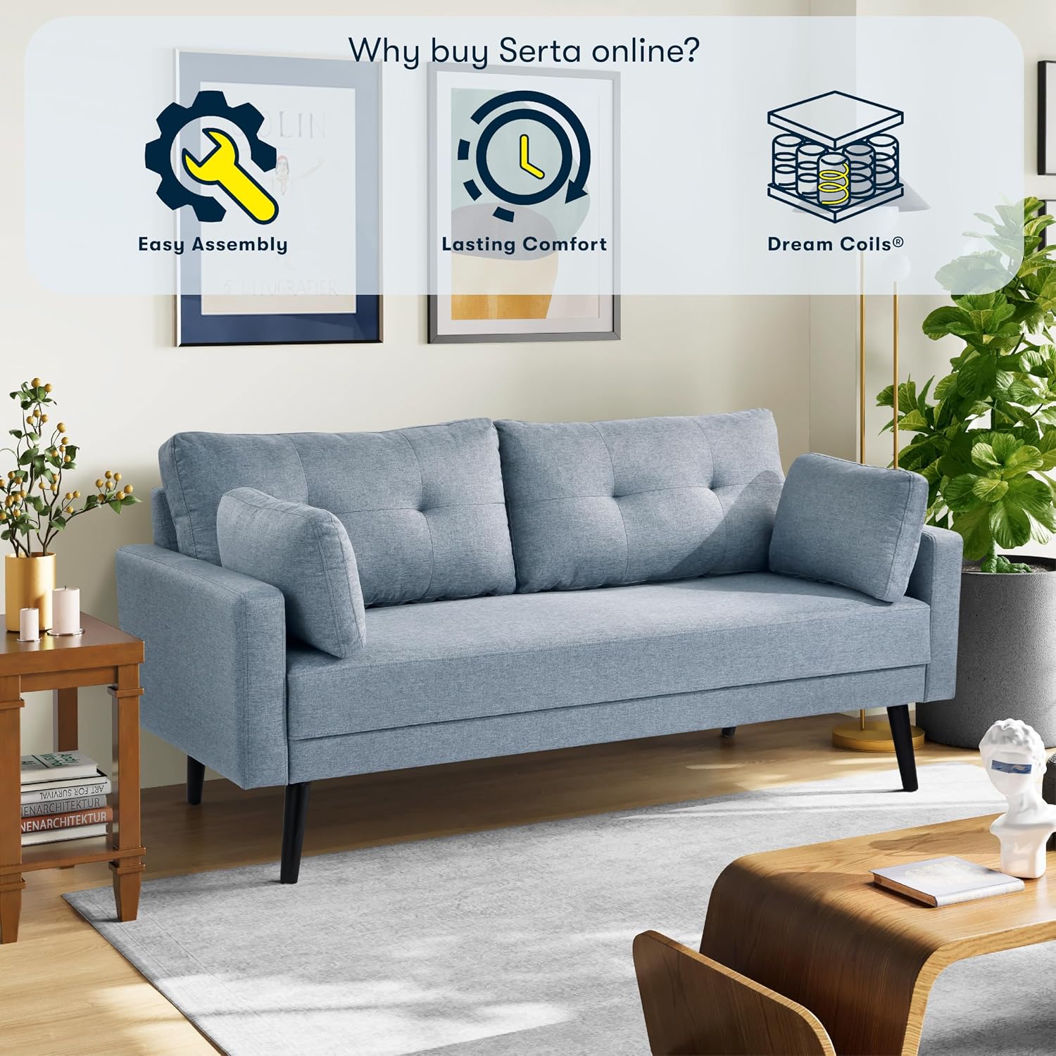 Serta Benrama 67' Soft Modern Sofa, Square Track Arms, Solid Wood Legs, Easy Assembly, Dream Coil Comfort, Soft Woven Polyester Fabric, Light Gray