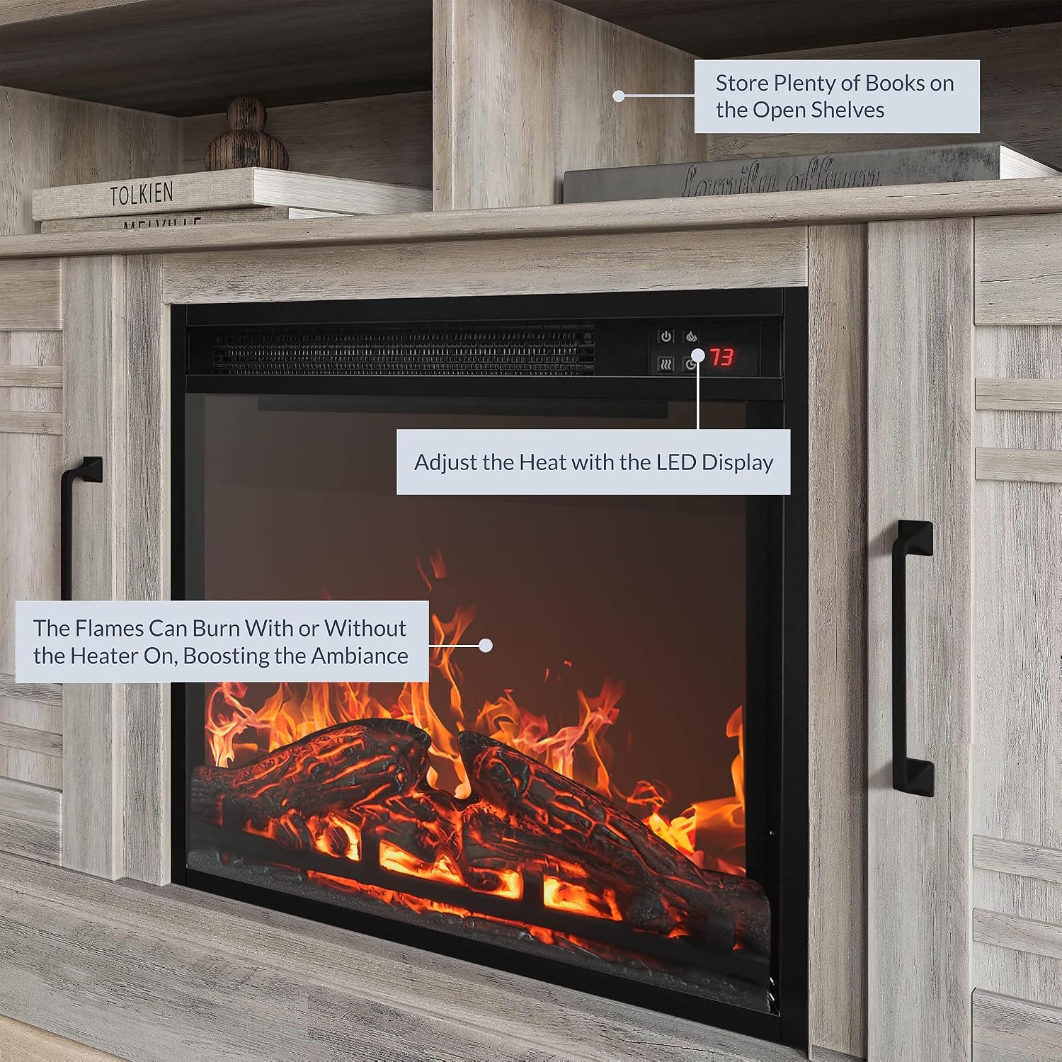 BELLEZE 48' TV Stand with 18' Electric Fireplace Heater, Modern TV Stand for TVs up to 50', Entertainment Media Stand with Open Shelves and Storage Cabinets for Living Room, Bedroom (Grey Wash)