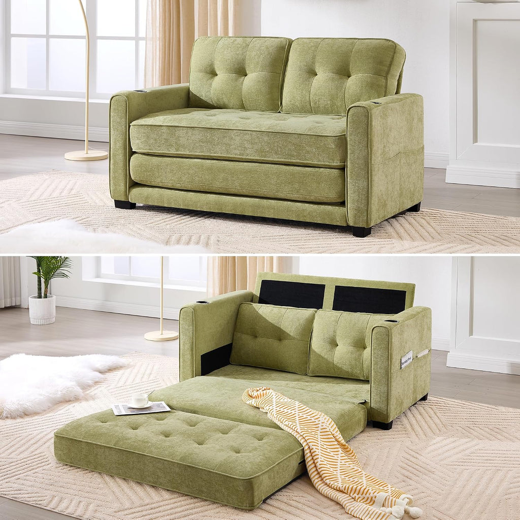 Convertible Sofa Bed, Pull Out Loveseat Sleeper Couch,Linen Fabric 2 in 1 Folding Couch Bed, Fold Out Floor Futon Couches with Cup Holder for Living Room, Bedroom,Small Space, Green