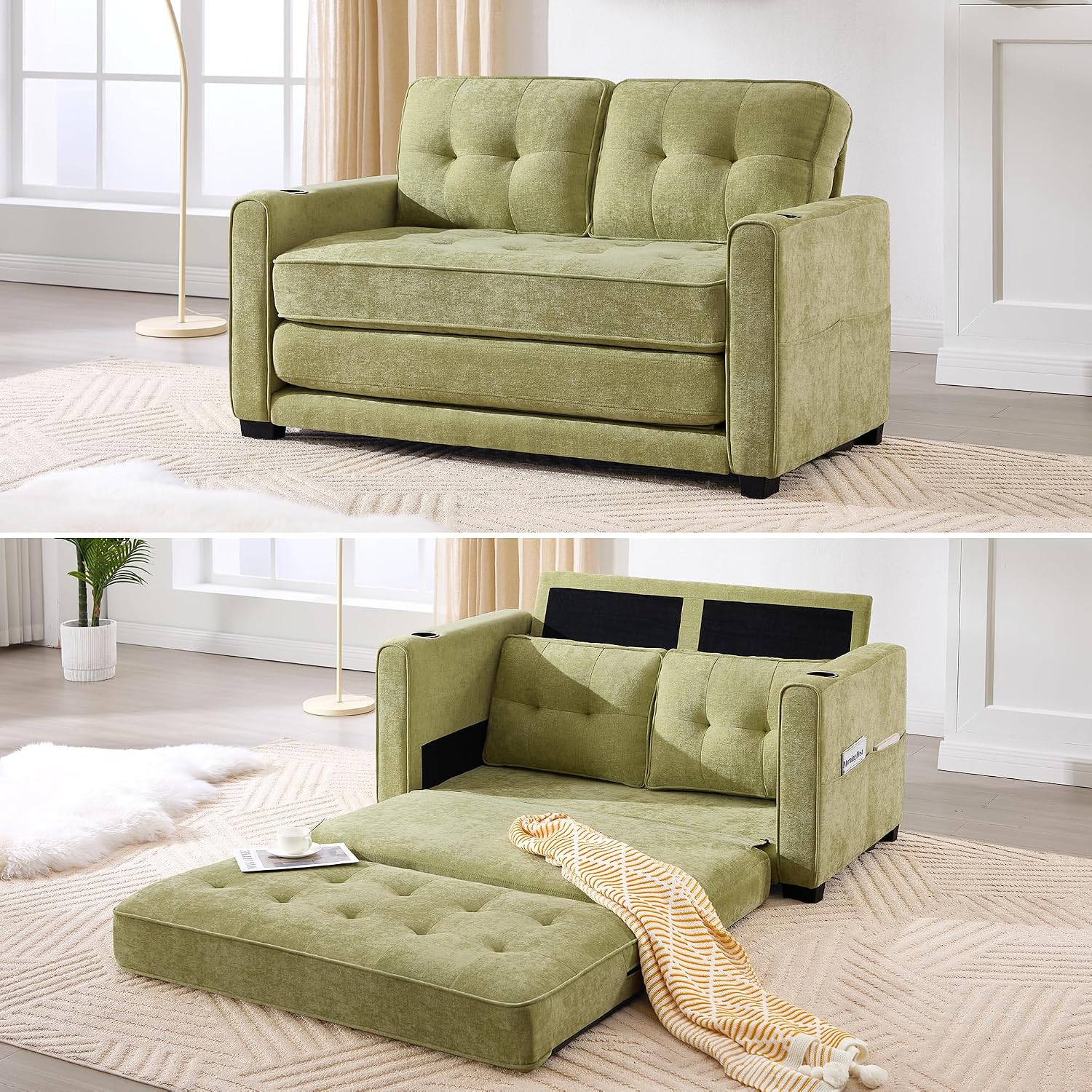 Convertible Sofa Bed, Pull Out Loveseat Sleeper Couch,Linen Fabric 2 in 1 Folding Couch Bed, Fold Out Floor Futon Couches with Cup Holder for Living Room, Bedroom,Small Space, Green