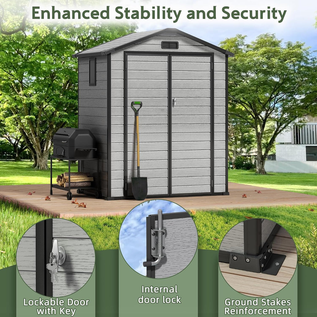6×4FT Plastic Outdoor Storage Shed, Double Door Tool Shed with Vent, Lockable Door with Key, Storing Patio Furniture, Gardening Tools, and Bicycle Accessories