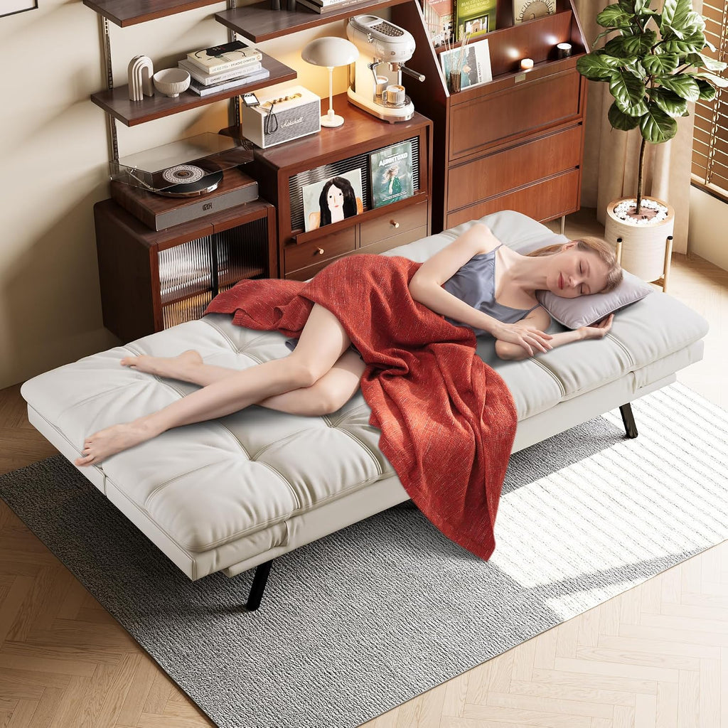 Opoiar 71' L Covertible Futon Sofa Bed,Faux Leather Futon Couch, Memory Foam Modern Loveseat Sleeper, Small Splitback Sofa Couches for Living Room,RV,Home Office,Apartment,White