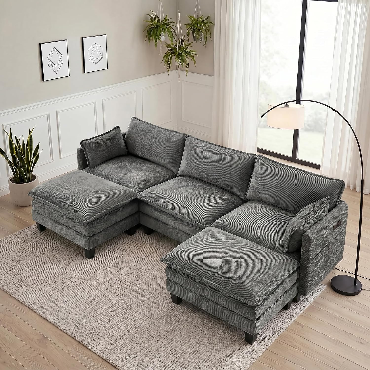 Eafurn Modular Sectional Sofa with Movable Ottomans for Living Room, 4 Seater Convertible U Shaped Sectional Couch Modern Reversible Chenille Sofa Set w/USB Ports and Side Pockets