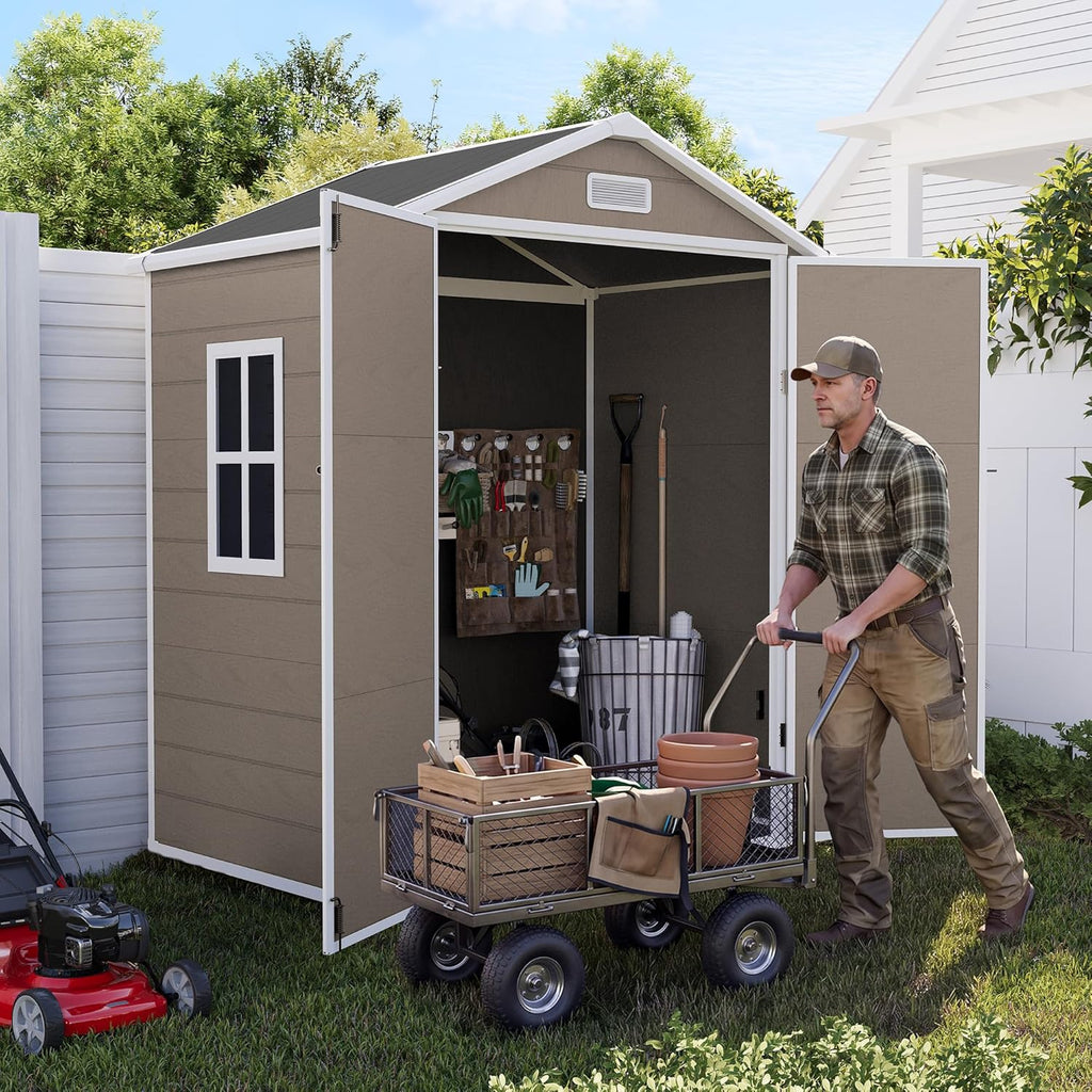 UDPATIO Outdoor Storage Shed 6x4 FT, Garden Resin Shed for Bike, Garbage Can, Tools, Outside Plastic Sheds with Floor for Backyard, Patio, Lawn, Brown