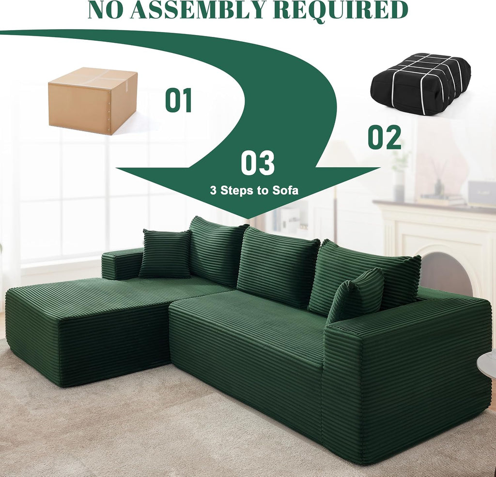 Mangodan 110' Cloud Sectional Couch, Modular Sectional Sofa for Living Room, Boneless Sofa with Deep Seat, Comfy Fluffy Couch with L-Shaped Chaise, No Assembly Required (Left-Facing Chaise, Green)