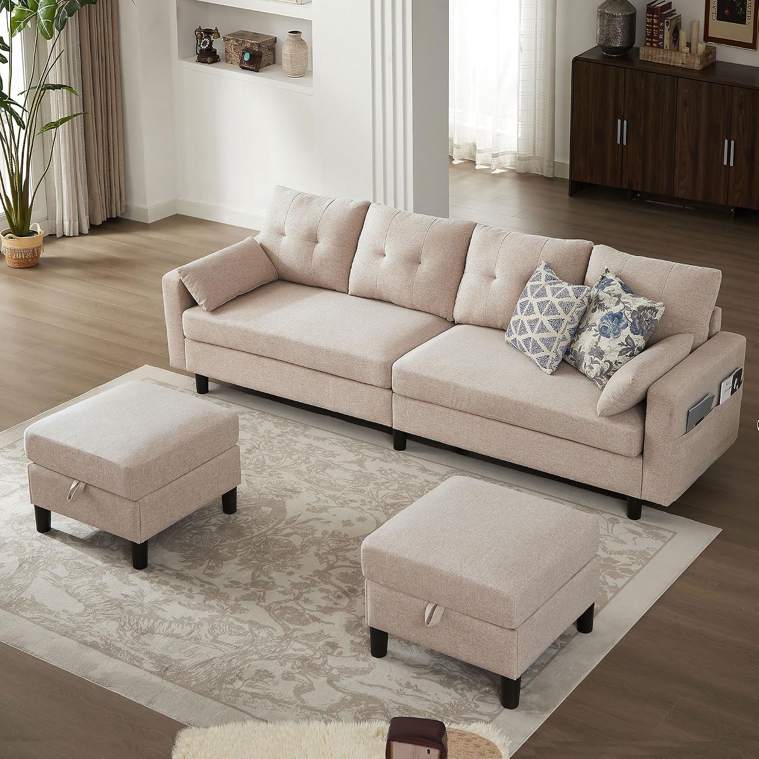 101' Convertible Sectional Sofa, Modern Linen Fabric U-Shaped Couch with 2 Storage Ottomans and Storage Pocket, 4 Seat Sofa Couches for Living Room, Apartment, Office, Beige