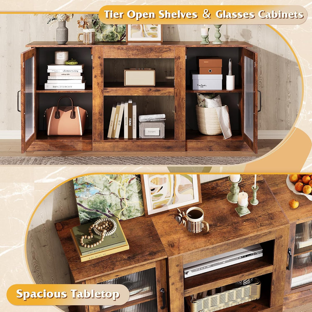 WLIVE Farmhouse TV Stand for 65 inch TV, 58' Entertainment Center with Storage Cabinets, Open Shelves TV Console for Living Room and Bedroom, Rustic Brown