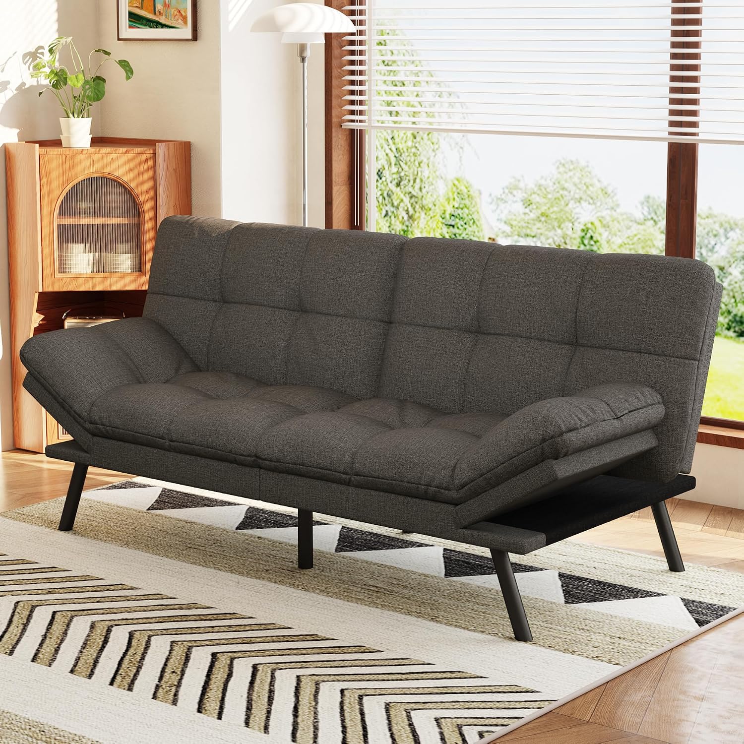 Opoiar Convertible Futon Sofa Bed,71' Memory Foam Futon Couch,Detachable Cushion,Adjustable Backrest & Armrest,Linen Modern Loveseat Sleeper Recliner for Living Room,Office,Apartment,Retro Grey