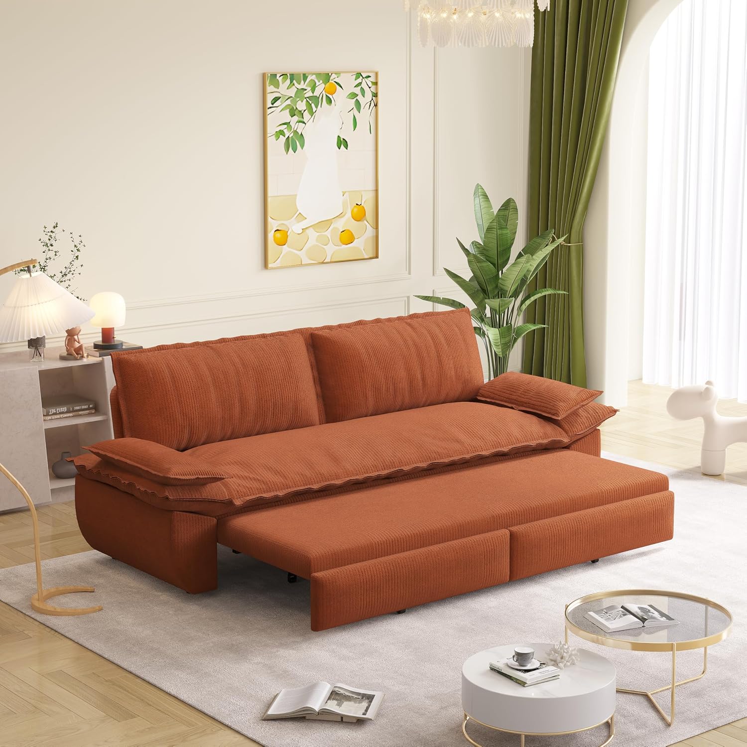 73.2' Sofa Bed Queen, 3-in-1 Pull Out Sofa Bed with Pillow Armrest, Modern Corduroy Convertible Sleeper Futon Sofa for Living Room Small Space, Apartment, Bedroom, Orange