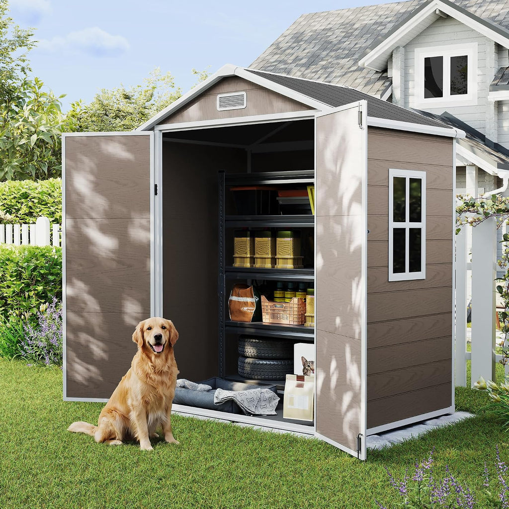 UDPATIO Outdoor Storage Shed 6x4 FT, Garden Resin Shed for Bike, Garbage Can, Tools, Outside Plastic Sheds with Floor for Backyard, Patio, Lawn, Brown