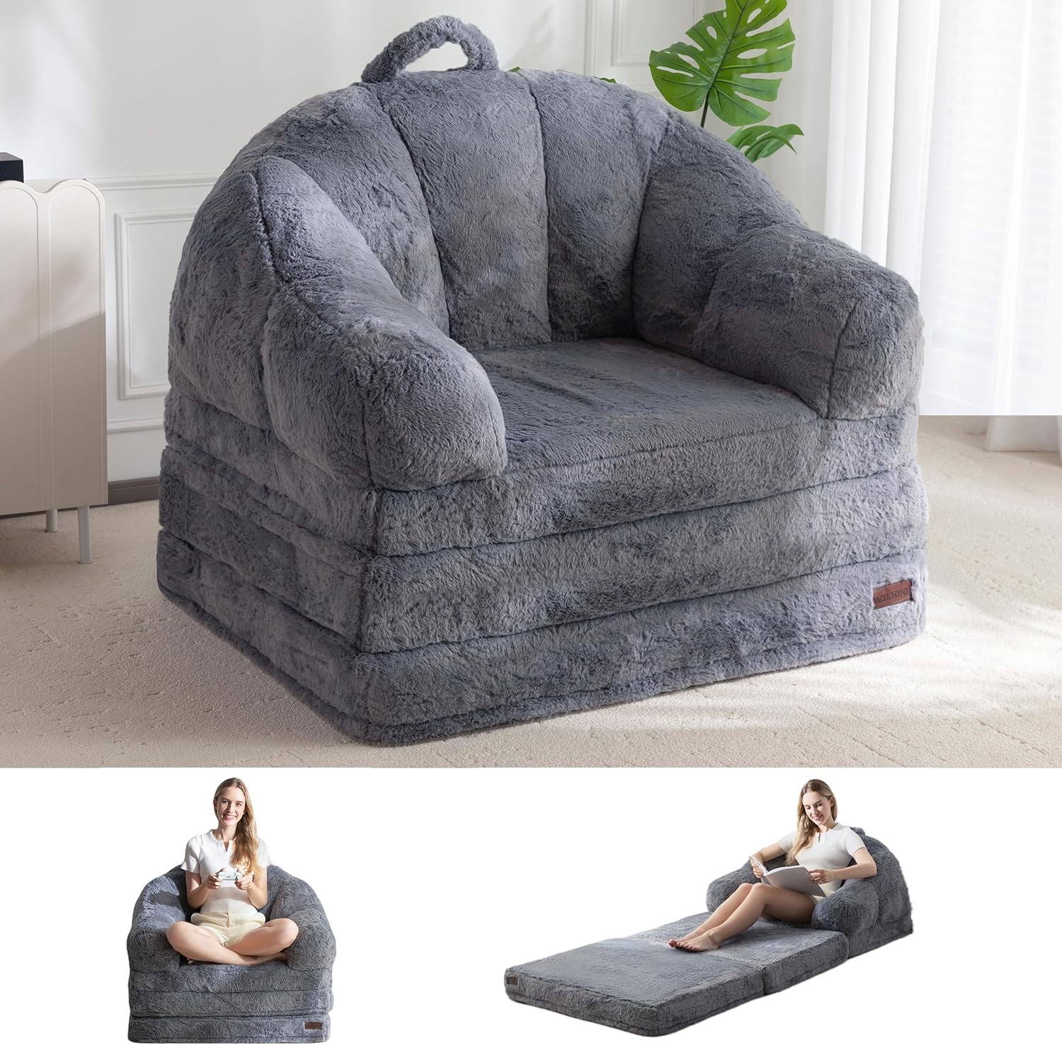 MAXYOYO Folding Sofa Bed, 2 in 1 Convertible Sofa to Lounger Comfy Single Bean Bag Chair for Adults, Floor Sleeper Couch with Handle, Faux Fur Couch Bed for Living Room Bedroom, Grey
