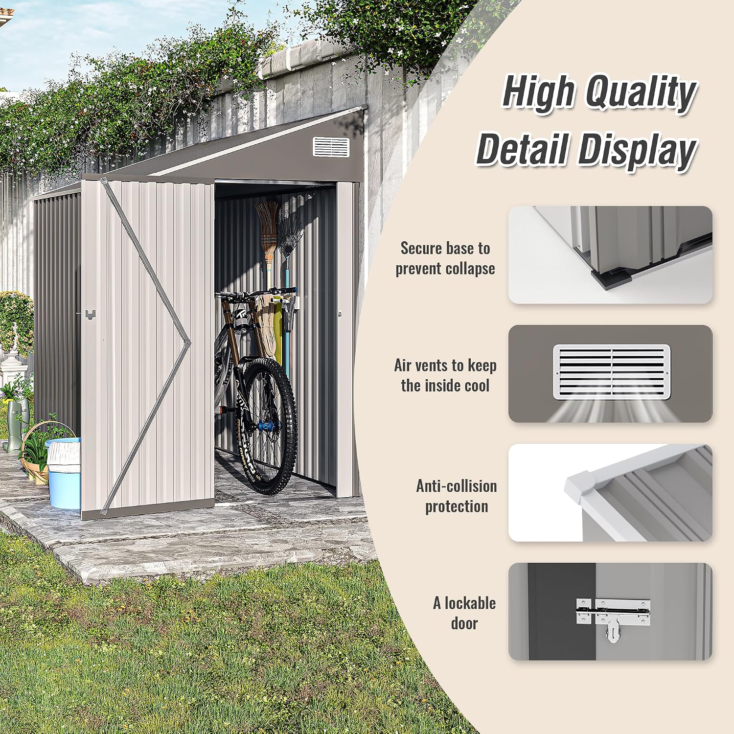 YOPTO 4x8 FT Outdoor Metal Storage Shed,Waterproof Lean to Tool Sheds,Heavy-Duty Unit with Single Hinge Side Door and Ventilation Windows,Weather Resistant,for Backyard,Patio,Lawn,Dark Gray