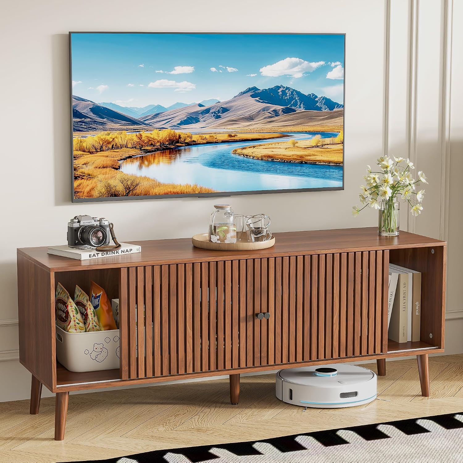 Oubayajia Mid Century Modern TV Stand for Televisions up to 60 Inches, with Sliding Doors and Storage, Television Stands, TV Consoles, Media Consoles for Living Room(Walnut-51.2inch)