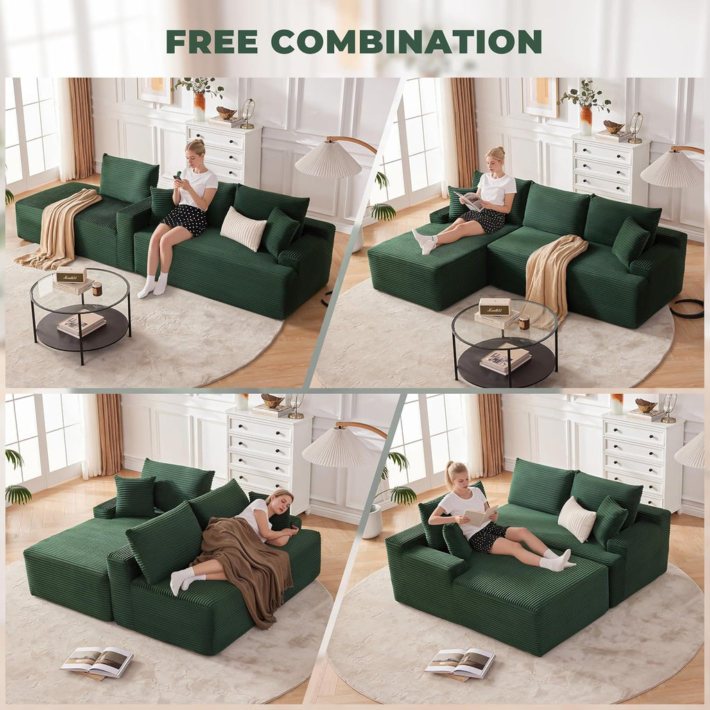 Mangodan Cloud Sectional Couch, Modular Sectional Sofa for Living Room, Fluffy Comfy Couch with L-Shaped Chaise, Boneless Sofa with Deep Seat, No Assembly Required, Green