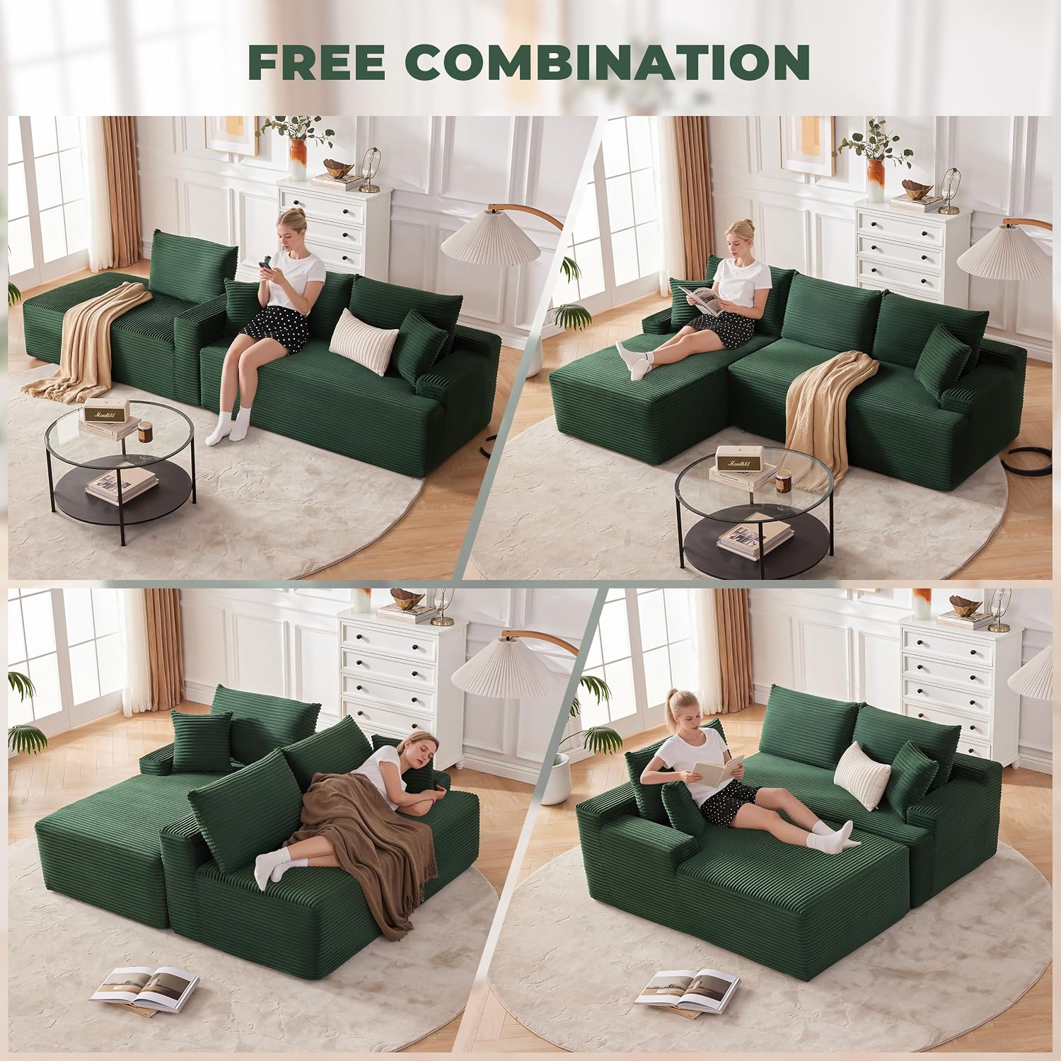 Mangodan Cloud Sectional Couch, Modular Sectional Sofa for Living Room, Fluffy Comfy Couch with L-Shaped Chaise, Boneless Sofa with Deep Seat, No Assembly Required, Green