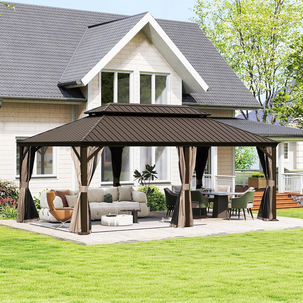 Domi 14' X 20' Hardtop Gazebo, Upgraded Metal Gazebo with Drainage System, Dual-Layer Galvanized Steel Roof, Curtain and Netting, Outdoor Shelter Canopy for Patio, Garden, and Backyard, Brown