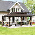 Domi 14' X 20' Hardtop Gazebo, Upgraded Metal Gazebo with Drainage System, Dual-Layer Galvanized Steel Roof, Curtain and Netting, Outdoor Shelter Canopy for Patio, Garden, and Backyard, Brown