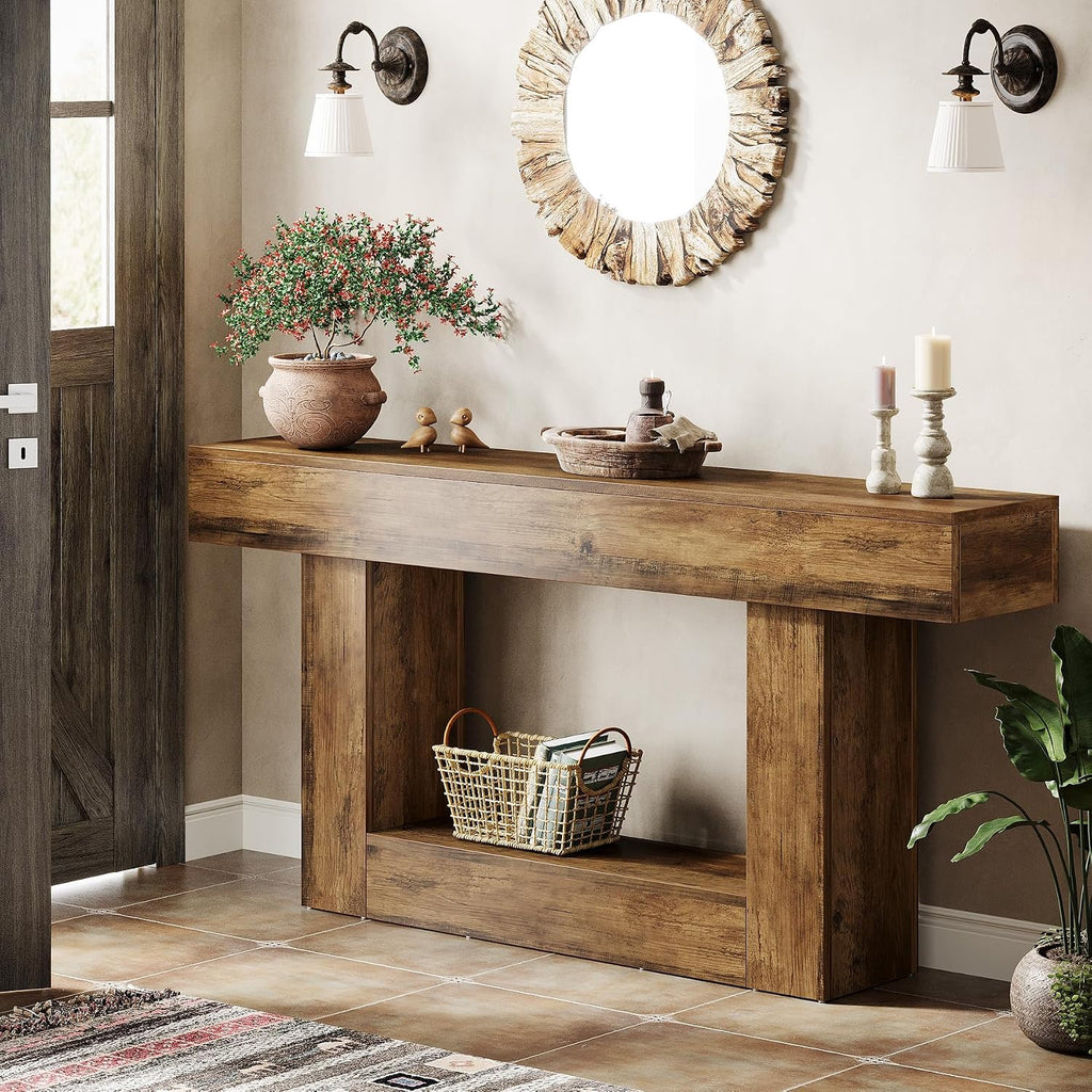 Tribesigns 63' Console Table, Farmhouse 2-Tier Entryway Table with U-Shaped Base, Narrow Long Wood Sofa Table Behind Couch Table for Living Room, Hallway, Foyer, Vintage Brown