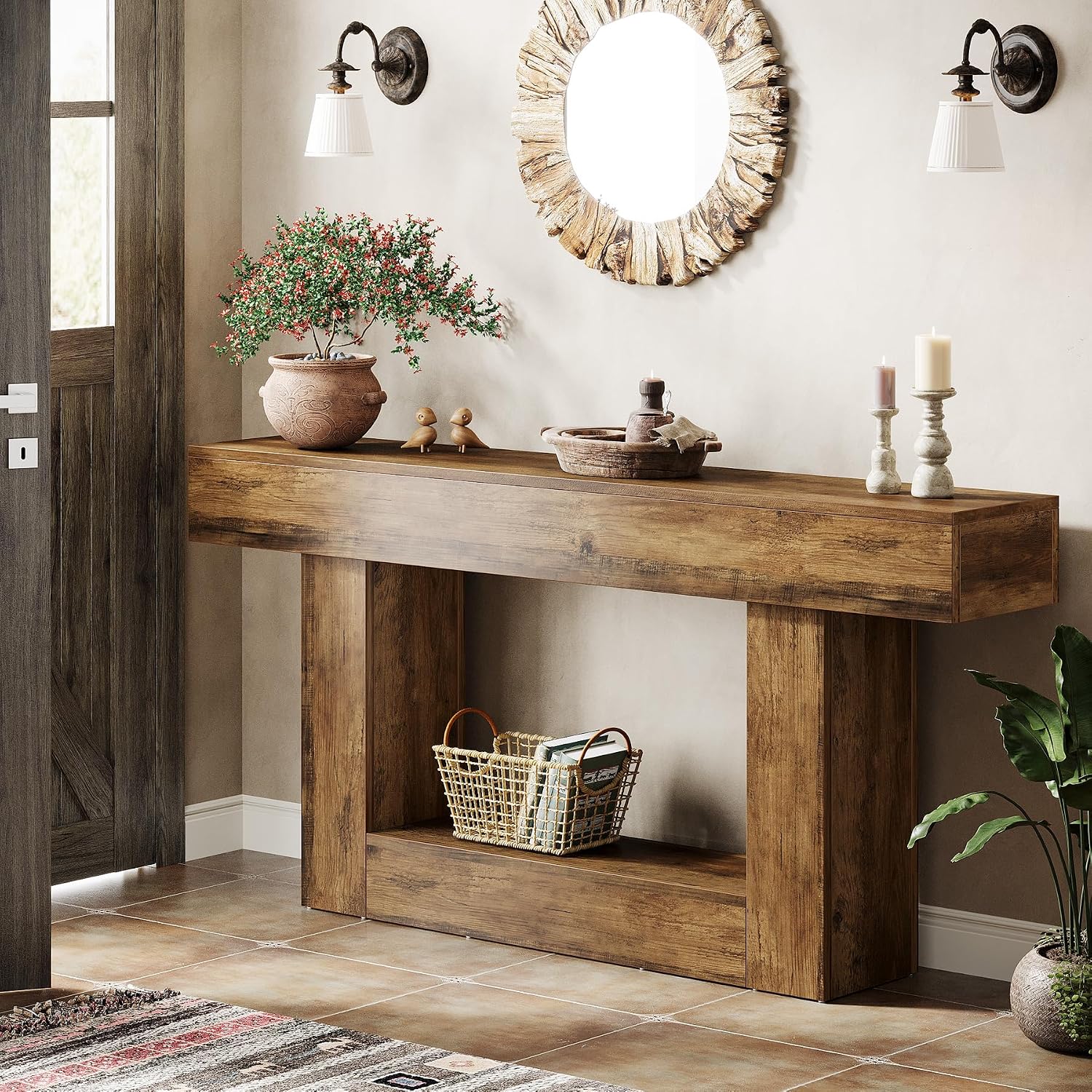 Tribesigns 63' Console Table, Farmhouse 2-Tier Entryway Table with U-Shaped Base, Narrow Long Wood Sofa Table Behind Couch Table for Living Room, Hallway, Foyer, Vintage Brown
